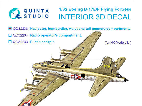1/32 Quinta Studio Boeing B-17E/F Navigator, bombardier, waist and tail gunners compartments 3D-Printed Interior (for HKM kit) 32236
