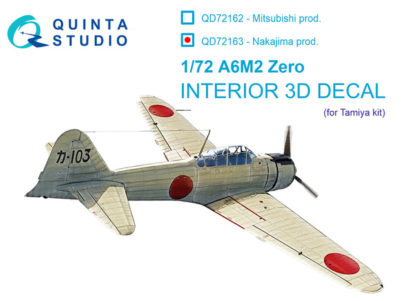 1/72 Quinta Studio A6M2 Zero (Nakajima Prod.) 3D-Printed Interior (for Tamiya kit) 72163