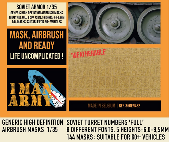1ManArmy 1/35 Soviet Turret Numbers Full 6 to 9.5 Airbrush Paint Masks 35GEN482