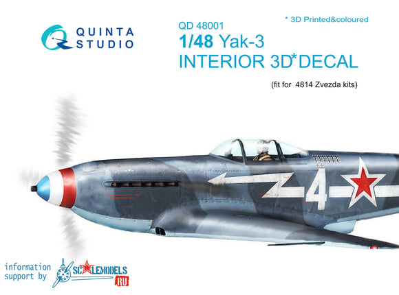 1/48 Yak-3 3D-Printed Interior (for 4814 Zvezda kit) 48001