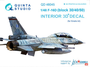 1/48 F-16D (block 30/40/50)  3D-Printed Interior (for older Kinetic kit) 48045