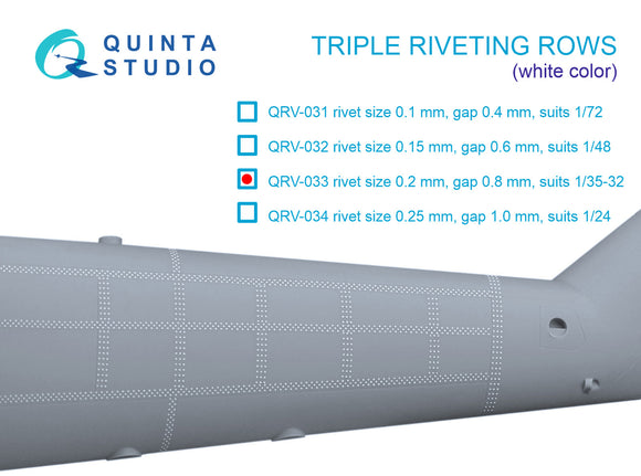 1/32 Triple riveting rows (rivet size 0.20 mm, gap 0.8 mm, suits 1/32 scale), White color, total length 3,7 m/12 ft QRV-033