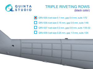 1/72 Triple riveting rows (rivet size 0.10 mm, gap 0.4 mm, suits 1/72 scale), Black color, total length 6.6 m/22 ft QRV-035