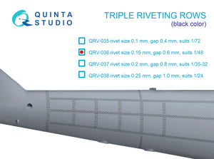 1/48 Triple riveting rows (rivet size 0.15 mm, gap 0.6 mm, suits 1/48 scale), Black color, total length 4.4 m/14 ft QRV-036