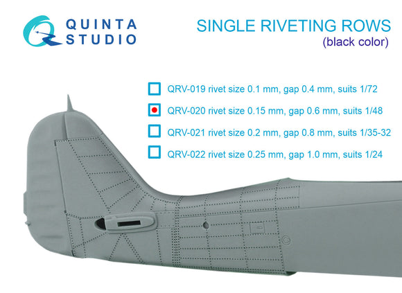 1/48 Quinta Studio Single riveting rows (rivet size 0.15 mm, gap 0.6 mm, suits 1/48 scale), Black color QRV-020